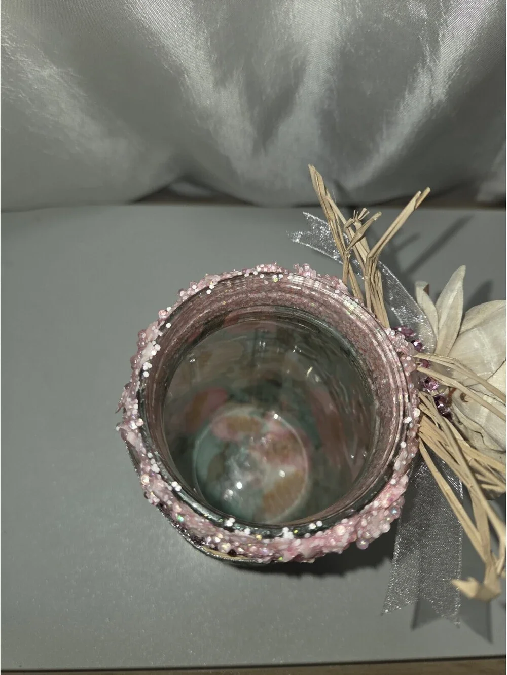 Shabby Chic Decoupage Glass Jar Sola Wood Flower Centerpiece Upcycled Vase Decor
